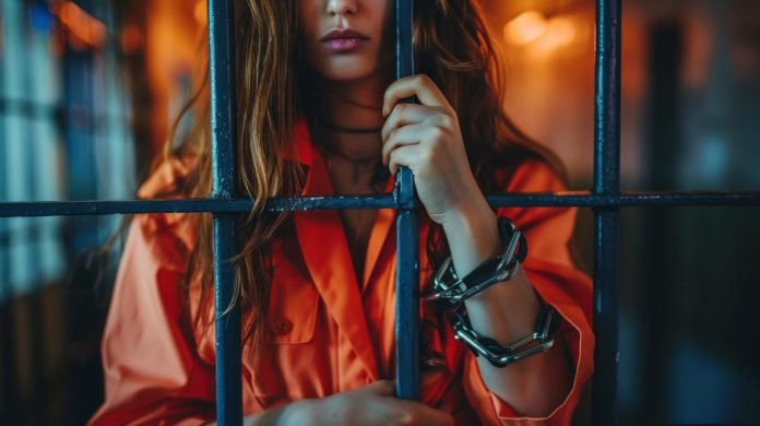 A woman is standing in a cell with a chain around her wrist