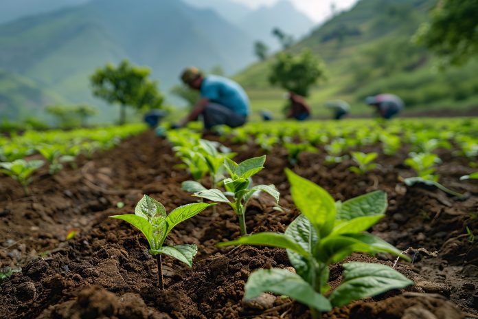 farmers-cultivating-young-plants-lush-field-surrounded-by-mountains-daytime-hour